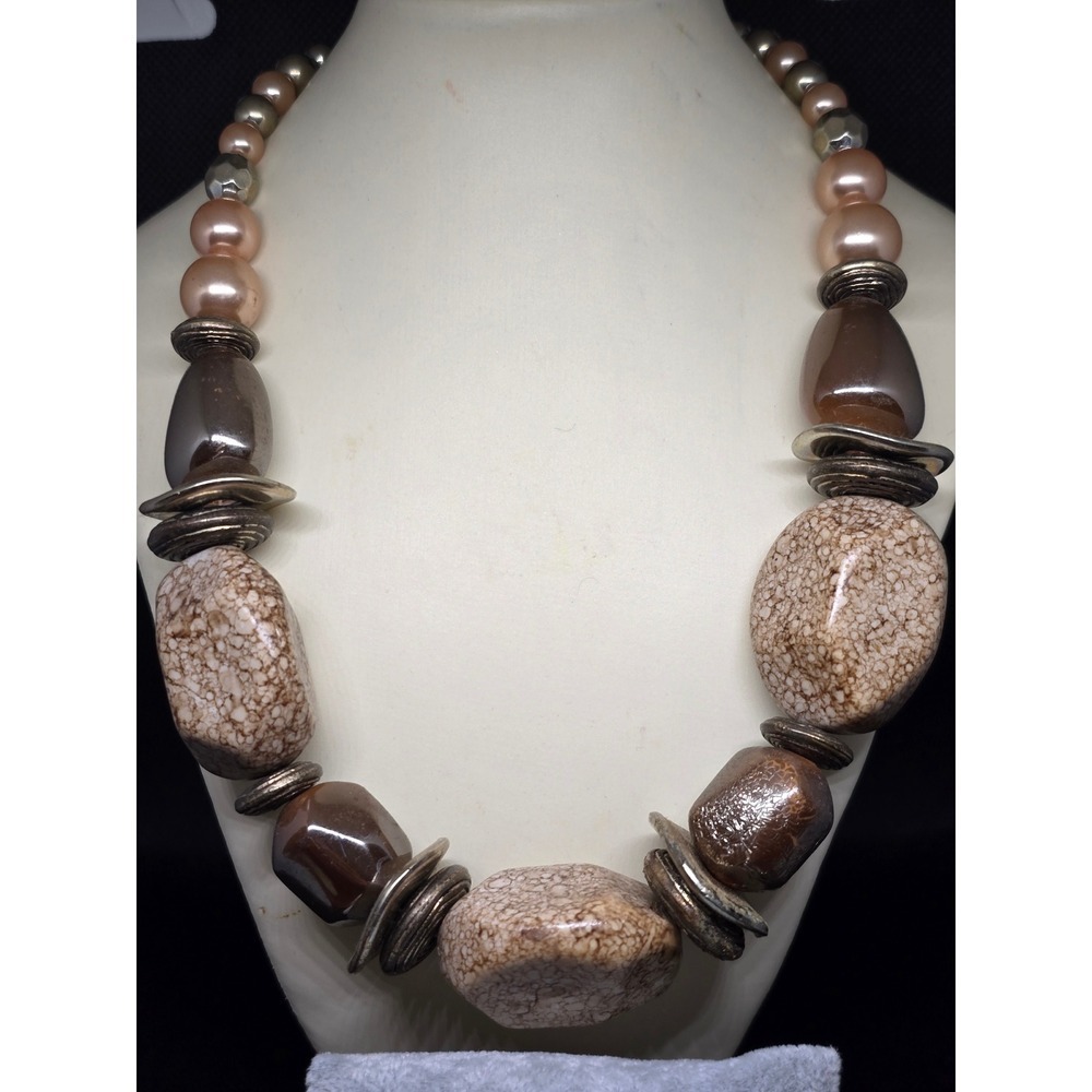 Vintage Estate Chunky Faux Stone Pearl Necklace Bracelet Set Earthy Bronze Tone